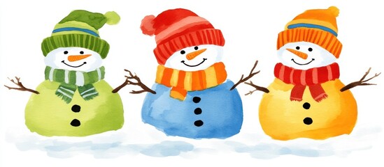 Three happy snowmen on snowy ground