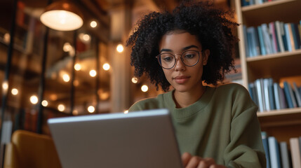 Fototapeta premium A college student wearing glasses, attentively watching a virtual guest speaker on their tablet while typing responses on a laptop, surrounded by academic resources