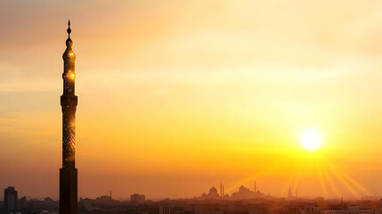 Fototapeta premium Silhouette Of Mosque Tower At Sunset Over City