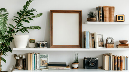 Stylish interior design of living room with brown wooden mock up poster frame on the white shelf, books, plant in pot, camera and elegant personal accessories. Moder grunge wall. Home decor. Template.