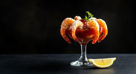 Elegant shrimp cocktail with cocktail sauce and lemon wedge on black background