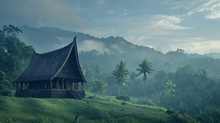 Obraz premium Ancient structure, lush hillside, misty jungle.