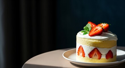 Delicious layered strawberry shortcake with mint garnish on plate