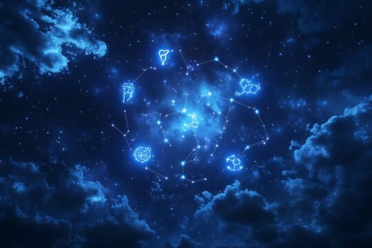 Abstract representation of the zodiac signs against a starry night sky, with each symbol glowing softly
