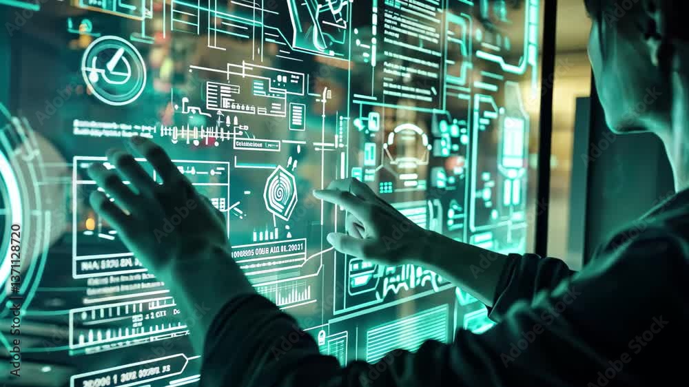 Poster futuristic technology interaction with holographic interface at night in a city setting, showcasing 
