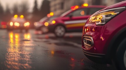 Emergency response vehicles urban setting photography rainy environment close-up view public safety awareness
