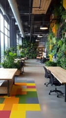 Modern office, plants, wood tables, colorful floor.