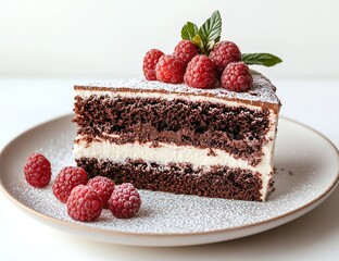 Delicious slice of chocolate cake layered with cream, topped with fresh raspberries and a dusting of powdered sugar.