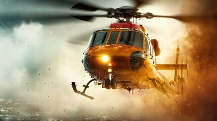 Rescue helicopter operation mountain region aerial photography dramatic weather dynamic perspective emergency response