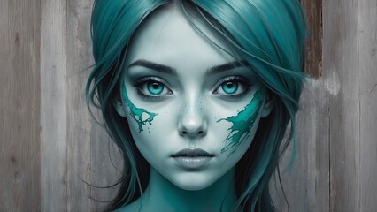 Close-up portrait of a young woman with turquoise hair and face paint against wooden background