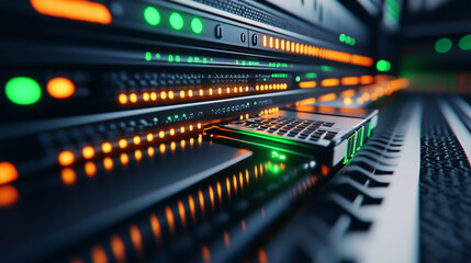 Detailed perspective of a server blade being inserted into a sleek rack, reflecting green and orange status lights on the brushed metal surface