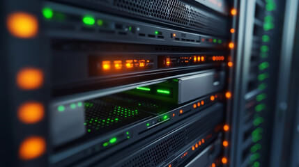 Detailed perspective of a server blade being inserted into a sleek rack, reflecting green and orange status lights on the brushed metal surface