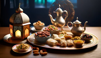 Beautifully arranged Table Set for Iftar, featuring an assortment of Middle Eastern desserts, Ramadan Lantterns, Tea, Nuts, Almonds, Baqlawa, Raisins, Islamic tradtion, Islamic Feast 