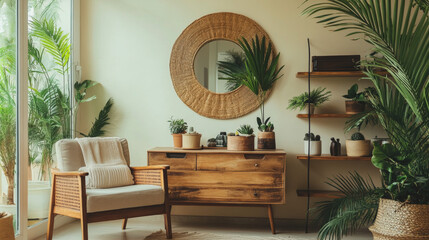 Stylish interior of living room with design armchair, wooden vintage commode, round mirror, shelf, tropical leaf, coffee table, decoration, carpet and persnoal accessories in home decor.