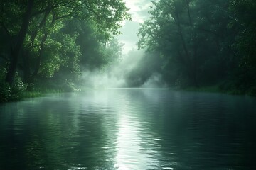 A tranquil river flowing through a dense forest with mist rising
