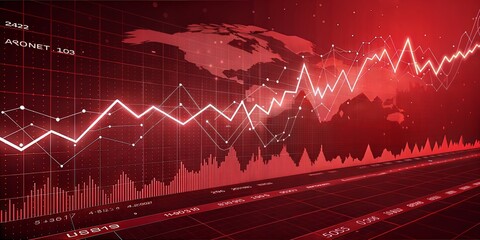 Abstract background depicting financial downturn, bankruptcy, loss, recession, crash, and economic crisis with a red stock market graph.	
