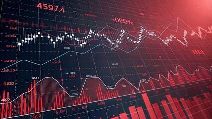 Abstract background depicting financial downturn, bankruptcy, loss, recession, crash, and economic crisis with a red stock market graph.	

