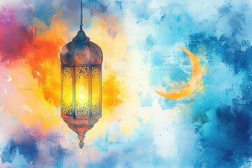 Obraz premium Watercolor Ramadan lantern with golden light and crescent moon in an ethereal abstract sky