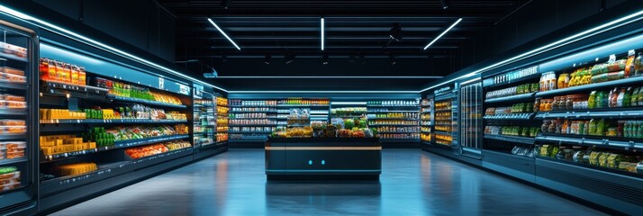 Explore a futuristic grocery store featuring AI robots and neon glowing shelves for a high-tech shopping experience