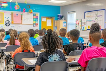 A diverse group of students sit at desks in a classroom, facing the front, Classroom setting with diverse group of students engaged in learning