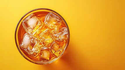 Amber iced tea poured with ice cubes on warm orangeyellow background