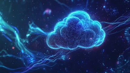 Obraz premium Futuristic digital cloud icon glowing blue in deep navy tech backdrop