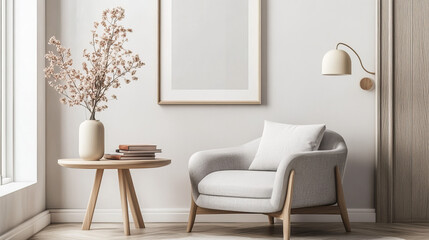 Stylish composition of living room interior with mock up poster frame, round table, gray armchair, beige lamp, books, modern vase with flowers and personal accessories. Home decor. Template.