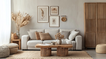 Stylish interior of living room with design modular sofa, furniture, wooden coffee table, rattan decoration, mock up picture frame, pillow, dried flowers and elegant accessories in modern home decor.