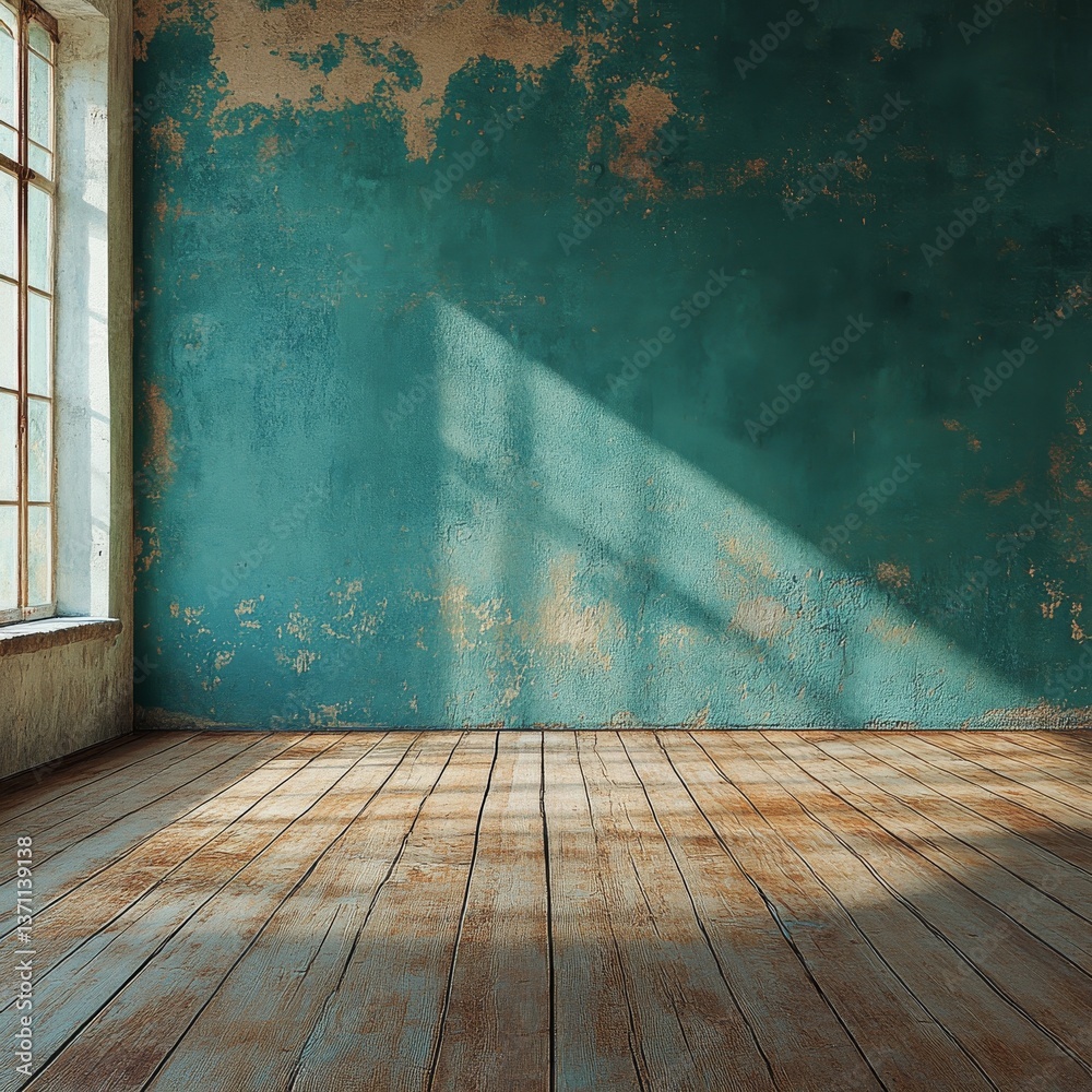 Aufkleber Sunlit Teal Room with Rustic Wood Floor and Weathered Walls: A Study in Texture and Light 