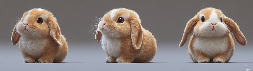 Adorable Lop Eared Rabbit Portraits on Gray Background
