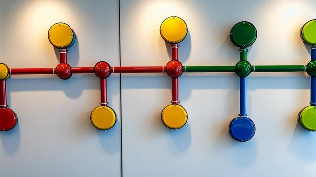 Colorful interactive wall display encourages children to explore and engage through tactile play in a bright indoor environment