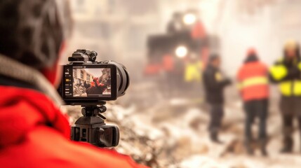 Emergency response action urban disaster scene photography chaotic environment close-up view documenting rescue operations