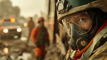 Fototapeta premium Emergency response action urban disaster zone rescue operations chaotic environment close-up view heroism in crisis