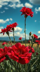 Obraz premium Vibrant red flowers bloom under a bright blue sky in a scenic landscape with rolling hills