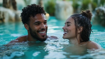 A joyful couple shares a moment in a serene blue pool, capturing their happiness as they smile at each other, embodying love and tranquility in the water.