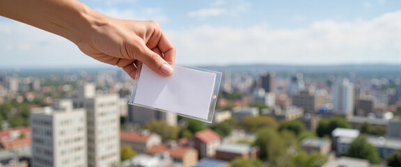 Hand holding blank business card over cityscape, branding opportunity
