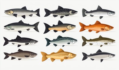 Variety of Salmon Fish Illustrated