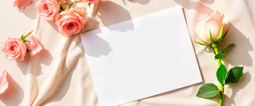 Elegant wedding RSVP card with roses on linen cloth, romantic invitation - Powered by Adobe