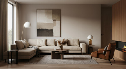 This living area showcases a blend of comfort and style with a neutral color palette, featuring a large sectional sofa, art piece, and cozy lighting, creating a serene atmosphere