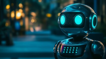 Fototapeta premium Robot with glowing eyes. A natural 3d chatbot illustration. Automated conversation with a computer automating language processing. A robot featuring lifestyle luminous eyes.