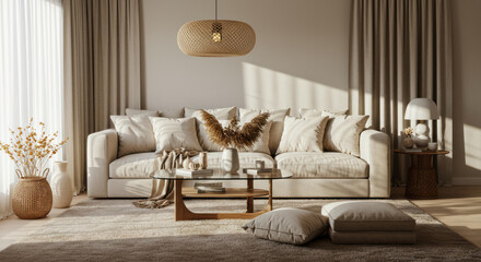 This stylish living room features a comfortable white sofa adorned with pillows, a glass coffee table, and warm lighting. Natural materials and soft textures create a relaxed, inviting feel