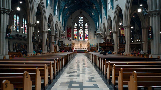 Ornate Interior Of A Church With Stained Glass Windows and Wooden Pews Lit By Natural Light Showing Symmetry and Architectural Detail