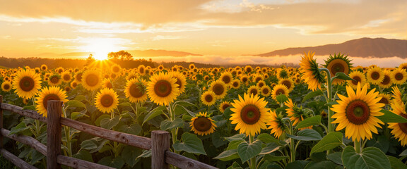 Fototapeta premium Vibrant sunrise over sunflower field with misty farmland, nature's beauty