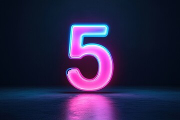 Vibrant blue and purple neon number 5 illuminated in darkness