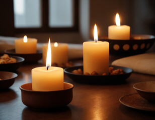 Candanlyaber with burning candles on the table.