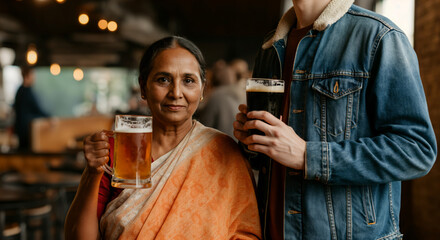 Mature asian woman and young caucasian man enjoying beers in cozy pub setting