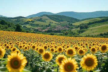 A breathtaking view of a vast sunflower field stretching towards a charming village nestled in rolling green hills under a clear blue sky.