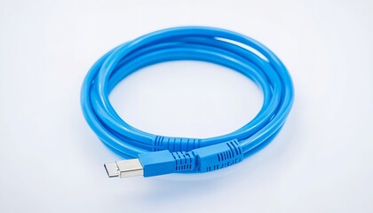 Close-Up of Blue Network Cable with Two RJ45 Connectors on White