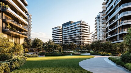 Fototapeta premium Modern Urban Living HighRise Apartments with Lush Green Gardens and Curved Pathways for a Ser