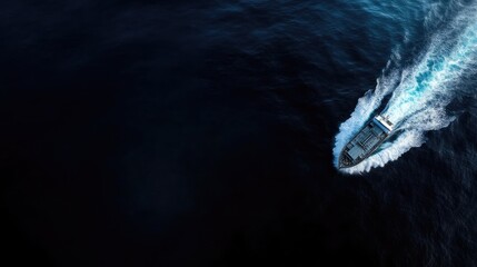 Dark water, swift vessel. High-angle view of a small boat cutting through the inky blackness of the deep ocean.  A trail of foamy spray marks its passage